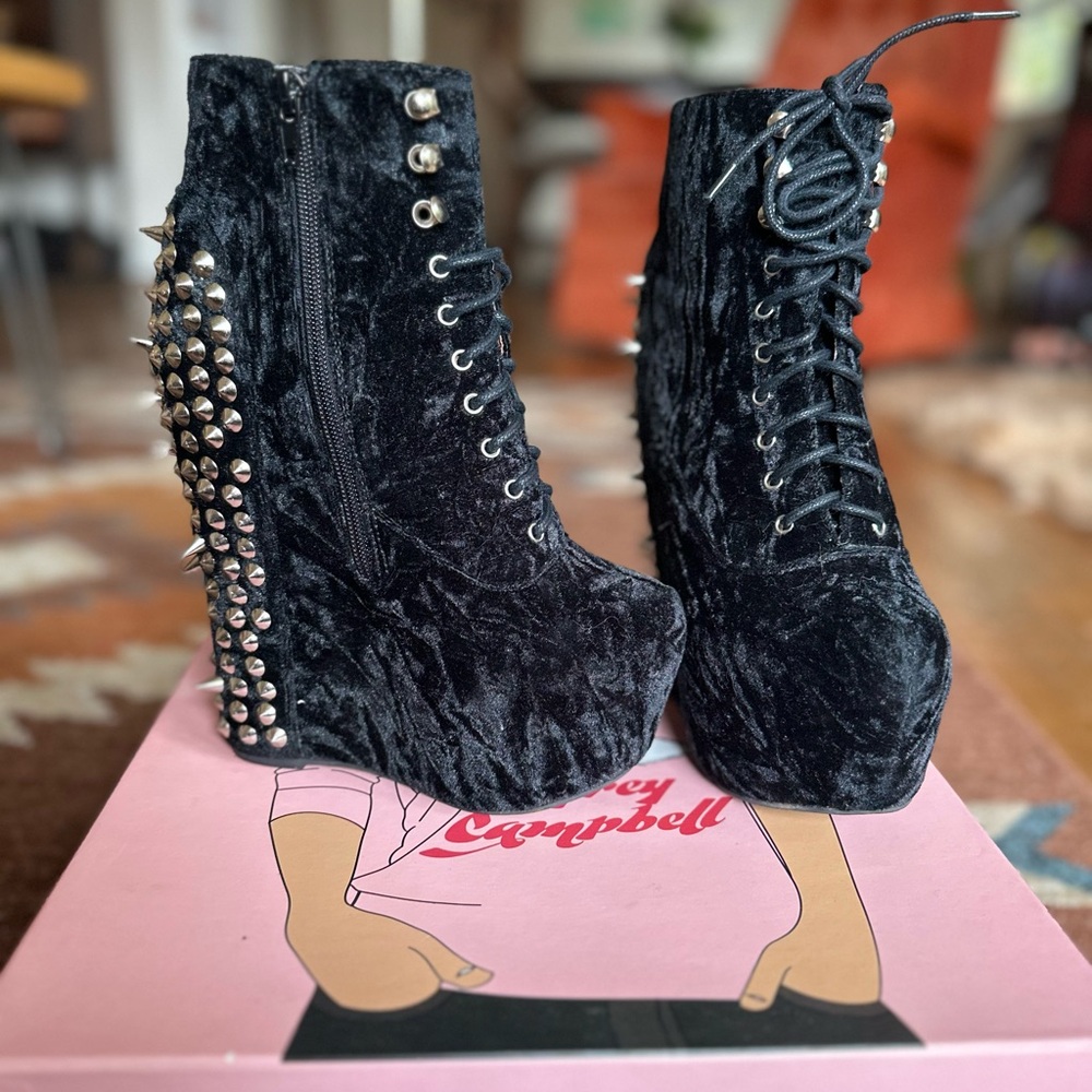 Jeffrey Campbell Damsel Black Velvet Platform Ankle Boots with Spikes